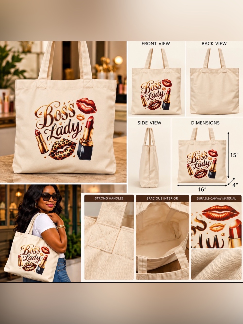 Hand Crafted Cream 'Boss Lady' Tote with Gold & Brown Lipstick Design